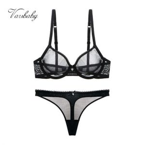 Varsbaby sexy lace unlined underwear set solid transparent three quarters yarn thong plus size bra set