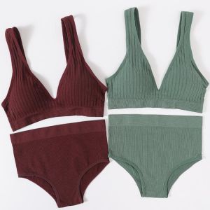 Women's Underwear Bra Panties Set Female Wirefree Brassiere Seamless Top Sports Set High Waist Briefs V Neck Sexy Lingerie Se
