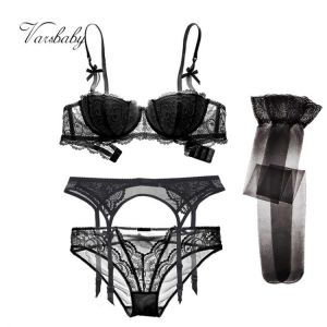 Varsbaby Sexy Bow Underwire Half Cup Push Up Bra Set 4Pcs Bra+Panties+Garter+Stockings For Ladies