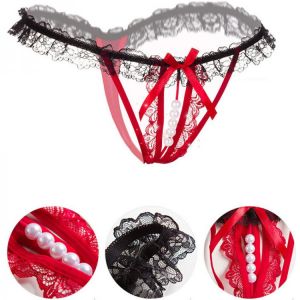 New Arrival Women Sexy Lace Panties Hollow Thong G-Strings with Pearls Beading Massage Lingerie Female Transparent Underwear