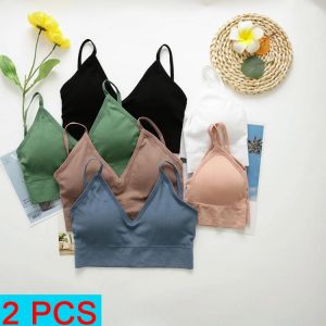 CHRLEISURE 2 PCS Seamless Tube Tops Women's Soild Sports Triangle Cup Bralette Crop Top Wireless Padded Crop Top Underwear Su