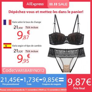 Varsbaby 2Pcs Women Sexy Half Cup Ultra-Thin Lace Bra+Panty Underwear Set