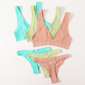 Deep V Bra Set Women Sexy Lingerie Underwear Set Seamless Bra Ribbed Tops Low Back Bralette Fashion Brassiere Female Intimates