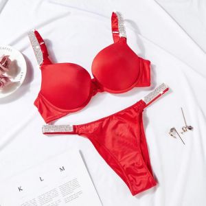 Push Up Rhinestone Lingerie Diamonds Shoulder Belt Sexy Woman's Secret Bikini Thong Underwear Bra Set  Rhinestone Underwear