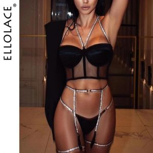 Ellolace Lingerie Sequin Lingerie Set Sexy Push up Bra 3 Piece Set Padded Women's Underwear Set Bra and Thong Sexy Lingerie
