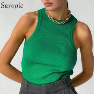 Sampic Knitted Summer Ribber Sleevless T Shirt Tops Women Casual Khaki White Crop Tops 2021 Club Short Skinny Tank Tops Fashion