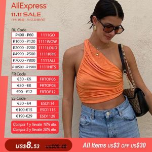 One Shoulder Crop Top Women 2021 Ruched Short Tank Top Sexy Women's Summer Top White Black Green Orange Cropped Cami Tops Y2K