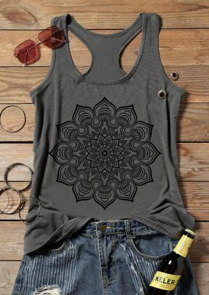 Tank Top Women 2021 Summer Sleeveless Tees Mandala Printed O-Neck Tank Female Casual Gray Tops Lady Camis Loose Flowers Tee