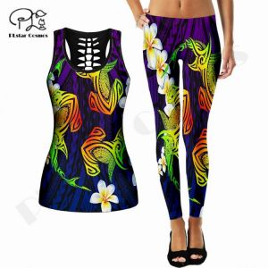 PLstar Cosmos 3D Printed Polynesian Tattoo Hibiscus Summer Sexy High Quality Tank Tops Leggings Set Funny Womens Hollow Vest 2