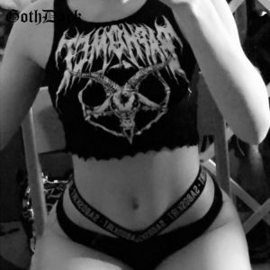 Goth Dark Gothic Knitted Punk Black Tank Tops Mall Goth Grunge Goat Print Harajuku Women Crop Tops Skinny Sleeveless Streetwear