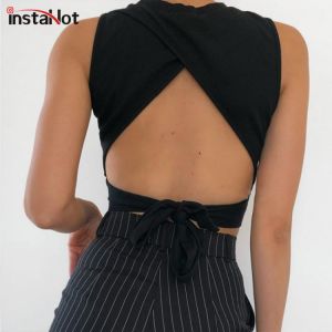 InstaHot sexy backless women tank top bandage slim crop top summer 2020 casual streetwear tops solid cotton soft criss cross top