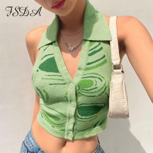 FSDA 2021 Knit Crop Top Women Halter Neck Backless Summer Backless Green V Neck Casual Sleeveless Vintage Sexy Tank Tops