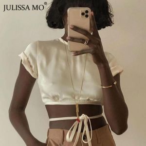 Julissa Mo Sexy Hollow Out Satin Tank Tops Women Backless Bandage Summer Cropped Top 2020 Pink O-Neck Casual Streetwear Vest Tee
