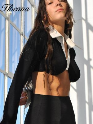 Hbenna Crop Top Women Button Up Sexy Clubwear Fashion Cropped Turn-Down Collar 2021 Autumn New Black Long Sleeve Slim Elasitcs
