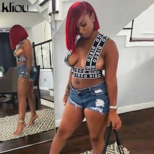 Kliou Wrap Chest Crop Tops Women Letter Print graphic Sexy Backless Vest Skinny Party Clubwear Female Hot Outwear Outfits