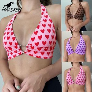 HAASKEW Pink Heart Print Cute Bustier Crop Top Women Aesthetic Kawaii Clothes Sleeveless Backless Lace Up Bralette Camisole