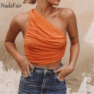 Nadafair Sexy One Shoulder Women Crop Tops Ruched Sleeveless Slim Blue White Summer Tank Tops