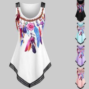 Tank Top Women Plus Size Sleeveless Shirts Feather Print Tanks Casual Ladies Bohemain Style Oversize Long Vest Tops