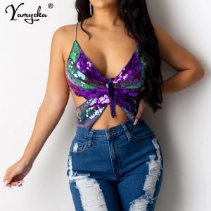 Sexy Halter Sequin Butterfly Top Corset y2k Crop Top Women Summer Top Club Womens Tops Backless Party Vintage Clothes Tank Top