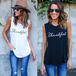 2020 Summer Top Womens Sleeveless Tank Top Black Round Neck Women  Regular Fit Wear Letter Printed T-shirt Tee