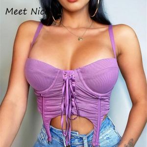Sexy Mesh Corset Top Women Sexy Boned Push Up Padded Crop Tops Summer Lace Up Back Zipper Bustier White Black Tanks Camis
