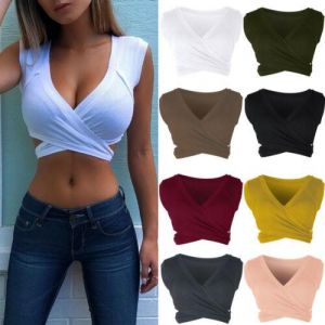 Women V neck Sleeveless Tank Top Ladies Bandage Vest Crop Tops Summer Casual Female Short Tanks Woman Clothes Solid Color  S-XXL