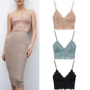Za 2021 Summer Top Women's Tube Crop Top Pink Lace Adjustable Thin Straps Sexy Corset Tops Woman Black Green Basic Tanks Cami
