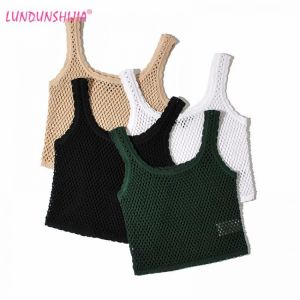 LUNDUNSHIJIA 2020 Summer Short Style Lace Tank Tops Women Mesh Hollow Out Knitting Camisole Tops Ladies Vest Singlets
