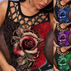 9015 Summer Women Vest Rose Flower 3D Print Hollow Out Sexy Slim Fit Streetwear Funny Sleeveless Gradient Fashion Tank Tops Tees