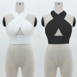 Backless Crop Top Women Cross Strappy Over Front Cut Out Halter Neck Sleeveless Bandage Vest Sexy Tops Summer Woman Clothes