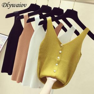 Fashion Button Knit Vest Women Top Camisole Female Solid Elastic knited Slim Sleeveless Tops Femme 2021 Summer Casual Camis New