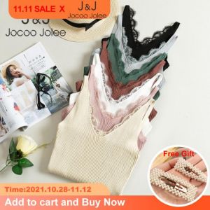 Jocoo Jolee Elegant Sweet Flower Lace V Neck Camis Women Sexy Knitted Vests Tops Female Solid Slim High Elastic Tanks
