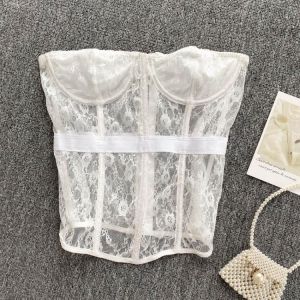 SINGREINY Women Strapless Lace Crop Tops Sexy Sleeveless Transparent Slim Tops Summer Off Shoulder Fashion Korean Short Tops New
