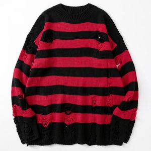 Striped Sweaters Women Punk Unisex Sweater Autumn Hollow Out Hole Broken Jumper Loose Oversized Pullouvers Harajuku Streetwear