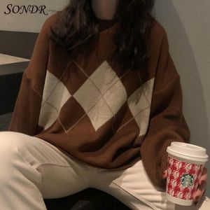 Women Argyle Knitted Sweater Autumn Winter O-Neck Oversized Pullovers Korean Preppy Style Loose Jumper Female Casual Sweaters