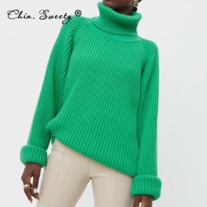 Women's Turtleneck Long Sleeve Sweater Knitted Green Casual Female 2021 Autumn Winter Jumper Elegant Ladies Pullover Sweaters