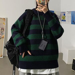 Women Striped Knitted Sweater Autumn Winter Thick Warm Pullovers Oversized Sweaters Unisex Casual Loose Jumper Teen Streetwear