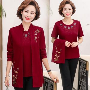 Spring autumn New Plus Size Casual Middle-Aged Women'S Suit Set Cardigan Two-Piece Suits Thin Embroidery Sweater C309