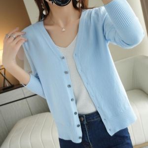 Spring Autumn New V-Neck Knitted Cardigan Women's Loose Large Size Thin Sweater All-Match Jacket Pure Color Basic Small Cardi