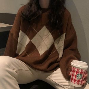 Women Argyle Knitted Sweater Autumn Winter O-Neck Oversized Pullovers Korean Preppy Style Loose Jumper Female Casual Sweaters