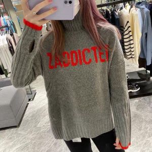 100% Cashmere Women Sweater 2020 Autumn/ Winter New Letter High Neck Loose Knitted Sweater Women Fashion Pullover