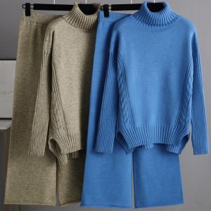NEW Autumn and Winter Fashion Sweater Set Women Suit Knitted Sweater and Wide Leg Pants Loose Trousers Split Pullover Pull Suit