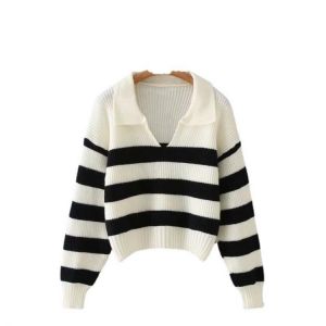 TRAF Women 2021 Fashion Striped POLO Collar Loose Knit Sweater Retro Long Sleeve Pullover Streetwear