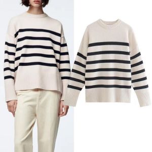 Za Sweater pullover Fall new fashion stripe O-neck cotton 100% women sweater 2021 new street youth elegant warm pullover sweater