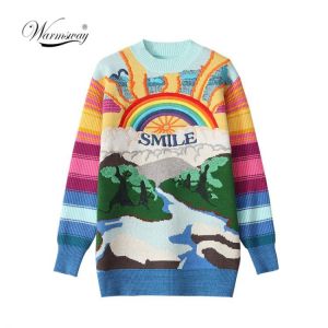 Oversized Sweater Women 2021 Fashion Rainbow Striped Embroidered Letters Knitted Pullovers Loose Casual Streetwear Tops C-237