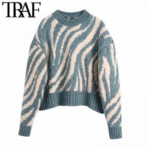 TRAF Women Fashion Jacquard Animal Print Loose Crop Knit Sweater Vintage O Neck Long Sleeve Female Pullovers Chic Tops