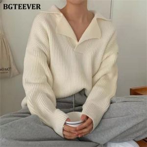 BGTEEVER Casual Chic Loose Turn-down Collar Women Knitted Jumpers 2021 Autumn New Full Sleeve Female Solid Pullover Sweaters