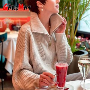 Turtleneck Women's Zipper Sweater Polo Oversized  Pink Soft Knitted Sweaters Pullover Female Loose Thermal Sweaters for Women