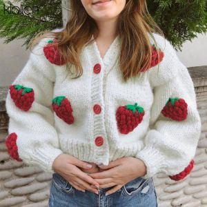 KLALIEN Fashion Elegant Cute Print Strawberry Single Breasted Sweater Women Autumn Thicken Warm Cardigan Sweater Streetwear