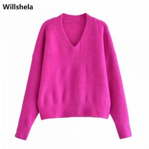 Willshela Women Fashion Knit Sweater Top Long sleeves V-Neck Soft Knitwear Casual Knitted sweaters Pullover Woman Tops